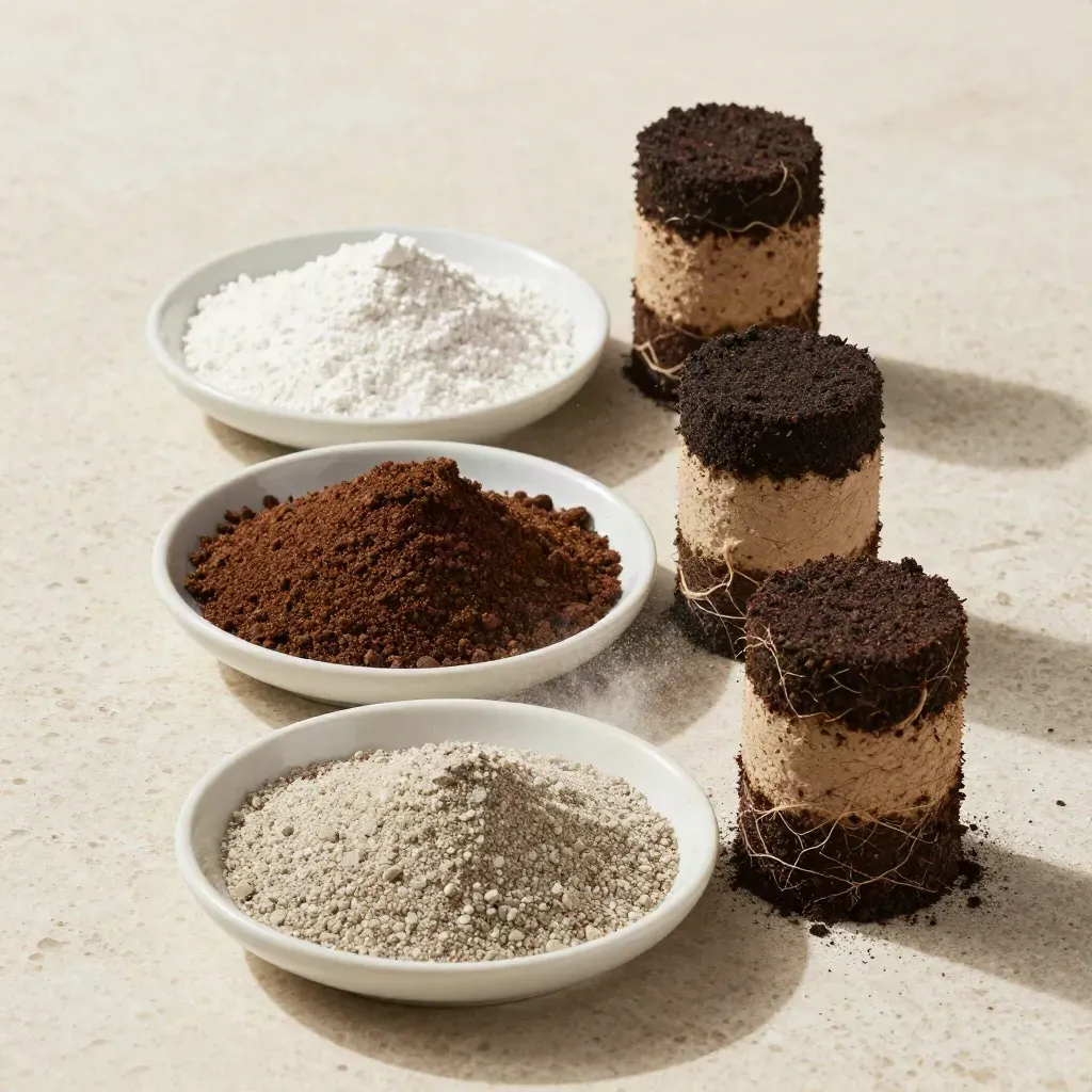 Top-down white pans of lime, compost, and mineral mix beside a soil profile core.