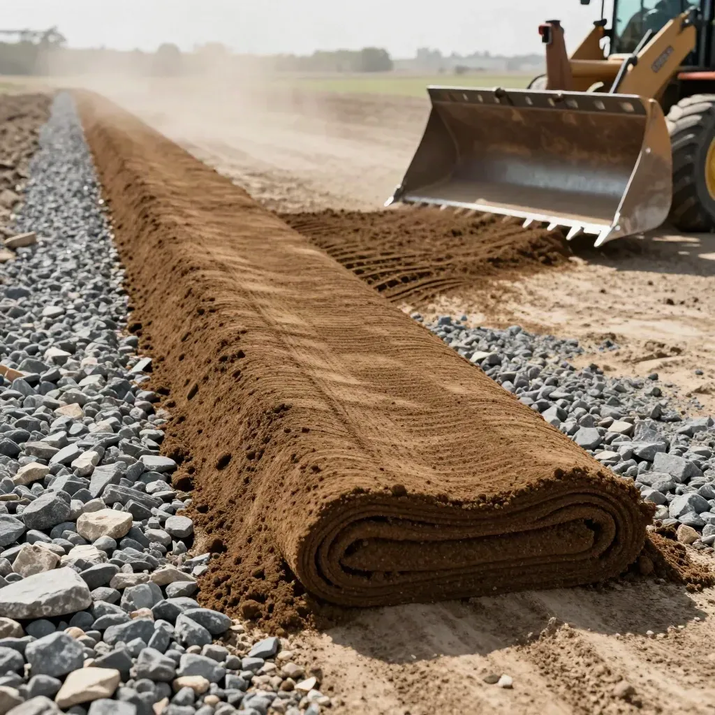 Windrow of blended topsoil and compost beside stone and a loader bucket on a grading pad.