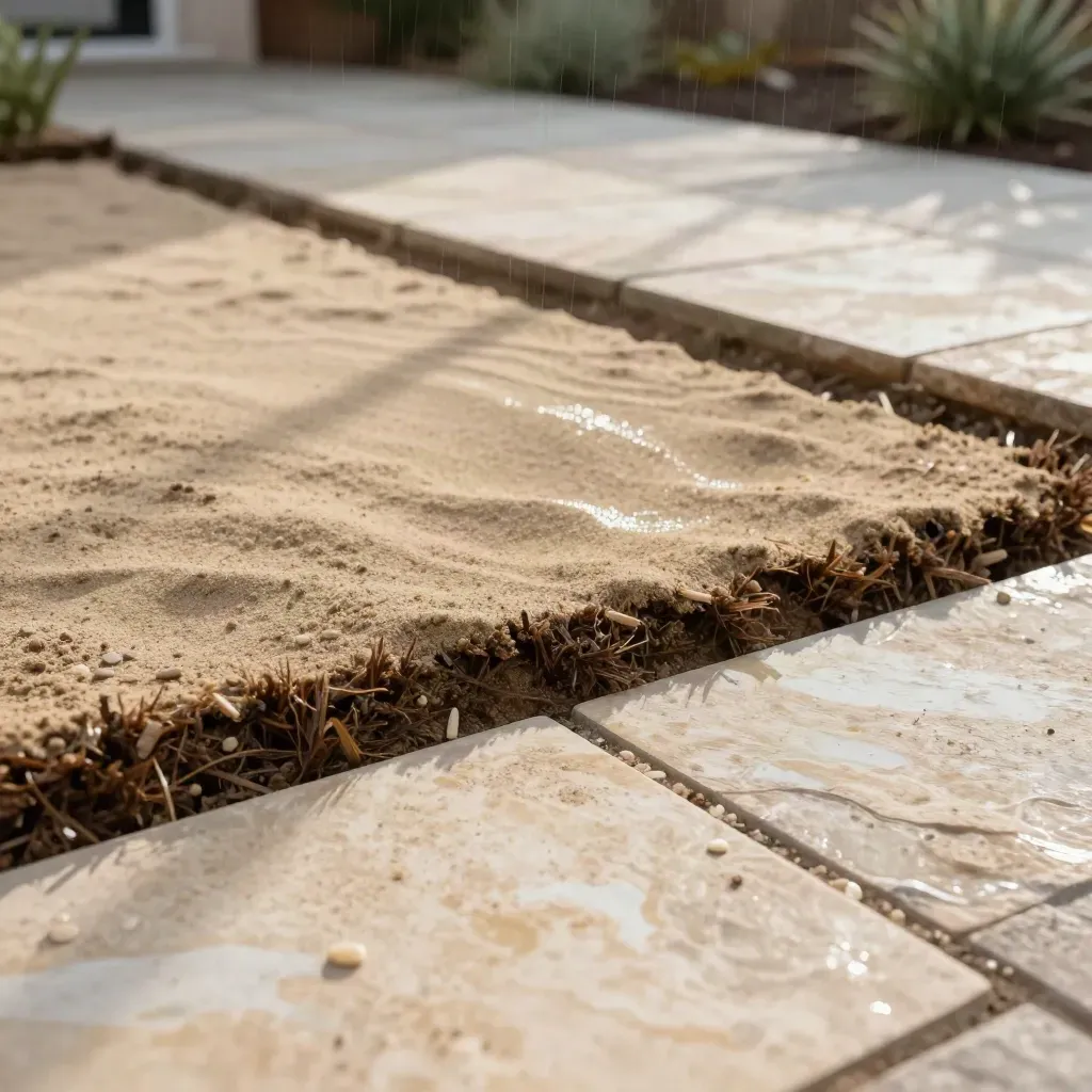 New lawn grade with a drainage swale and crisp sod edges beside a patio in soft drizzle.