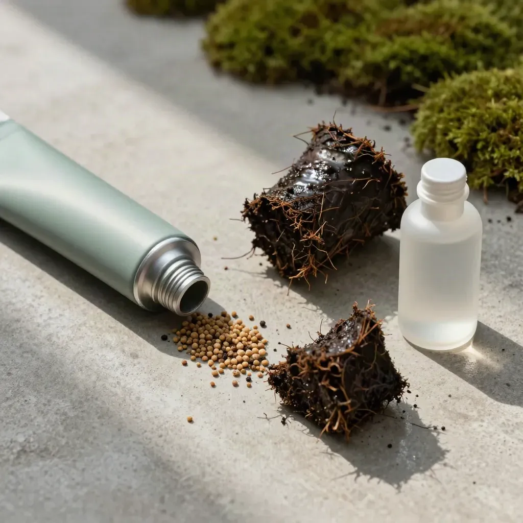 Overhead soil retest flatlay with core tube, granules, turf plug, and sample vial on concrete.