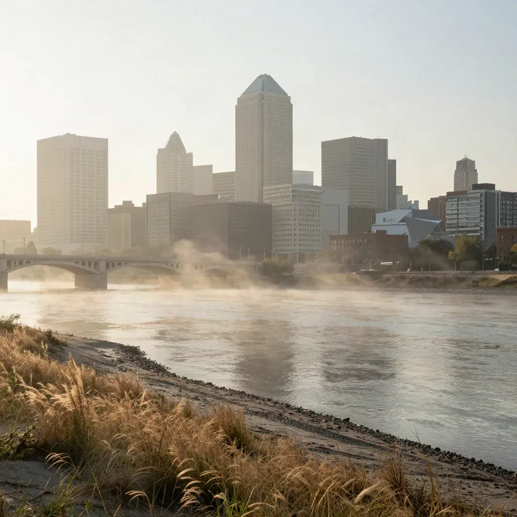 Des Moines skyline in sunrise haze above a quiet river corridor and prairie grass